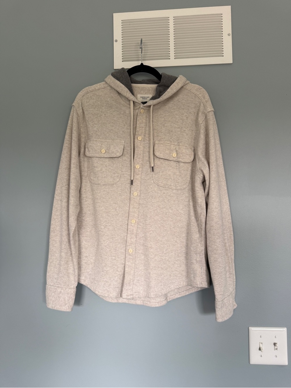 American Eagle Outfitters Beige Hooded Button-Front Shirt Jacket